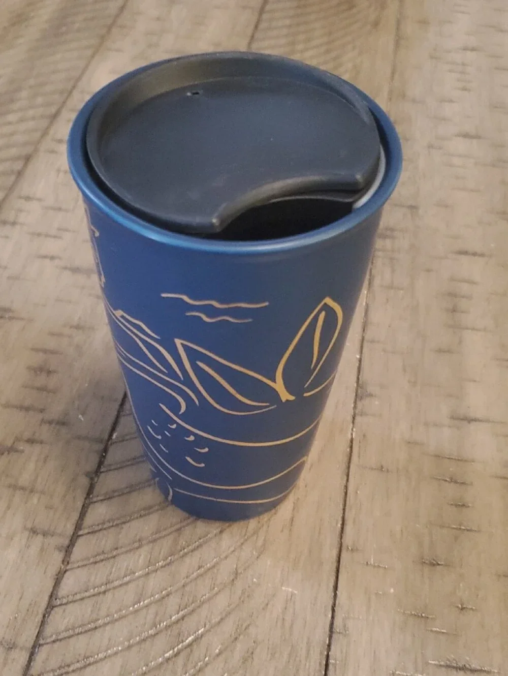 Starbucks Navy Blue Travel Mug with Black Lid and Gold Logo